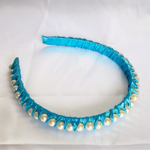 New Women and Girls Satin Hair Band Accessories Hand made blue With White pearls - Picture 4 of 11